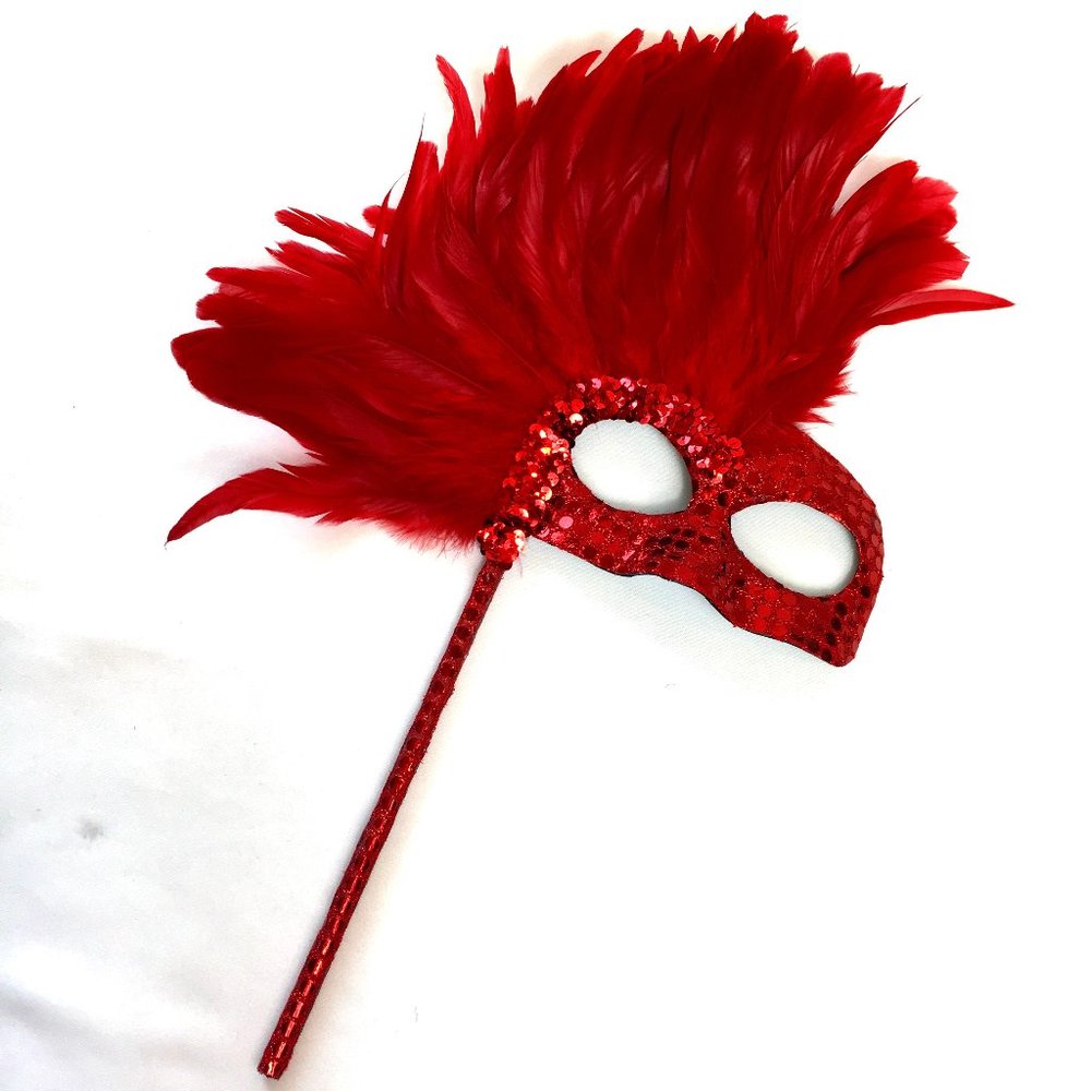 VENETIAN Red Sequin Mask w Red Feathers w/ Handle NWOT NOS